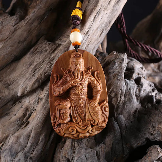 Wooden Guan Gong Statue Pendant Wood Buddha Pendant Man Amulet Necklace Guan Yu Statue Charms Pendants Wooden Men Accessories