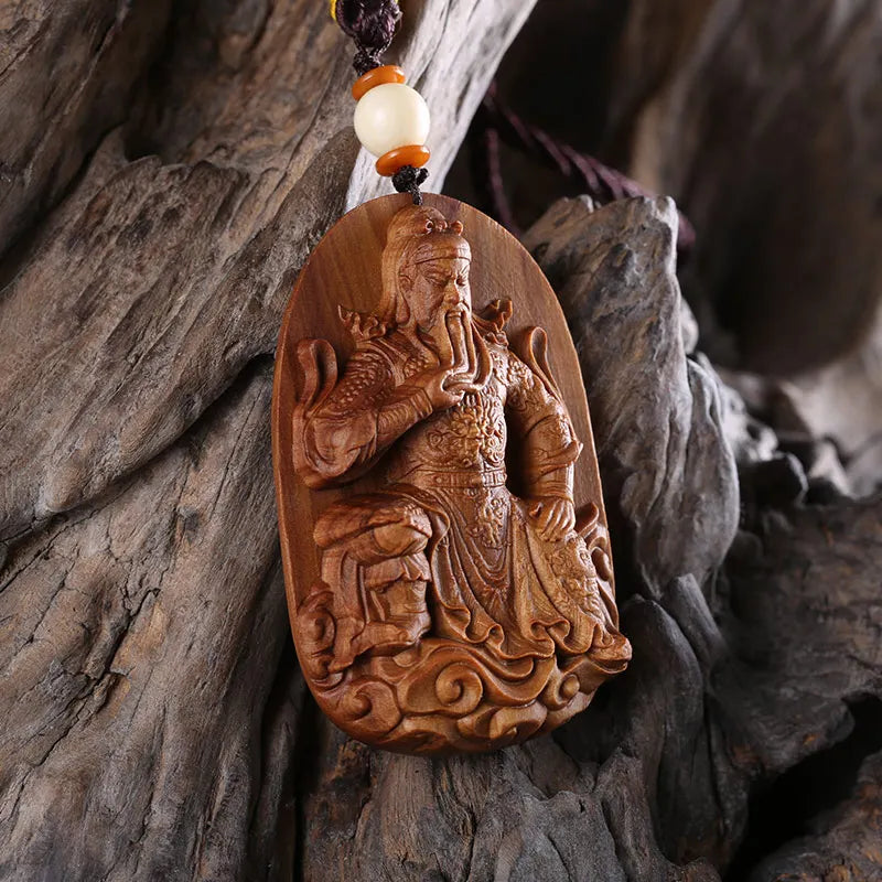 Wooden Guan Gong Statue Pendant Wood Buddha Pendant Man Amulet Necklace Guan Yu Statue Charms Pendants Wooden Men Accessories