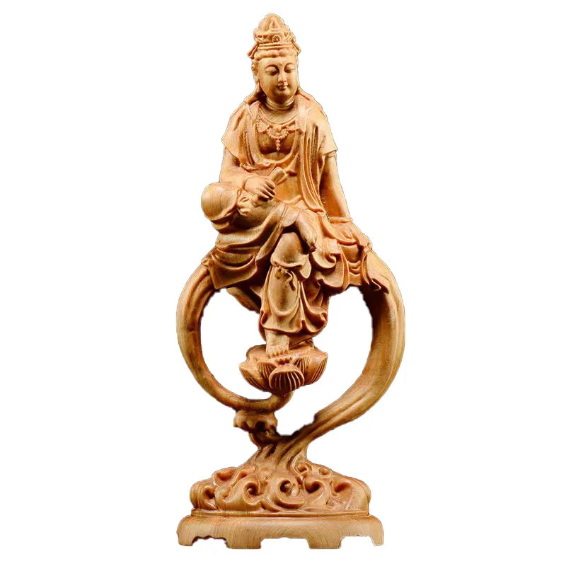 Wooden Guanyin Buddha Bodhisattva Statue Hand-Carved , Buddhism Figure  Home Room Office Feng Shui Statue 7.07 in