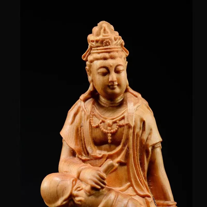Wooden Guanyin Buddha Bodhisattva Statue Hand-Carved , Buddhism Figure  Home Room Office Feng Shui Statue 7.07 in