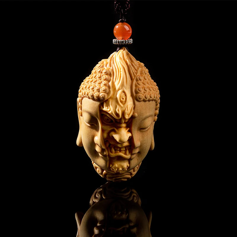 Wooden Handheld Art Depicting Dual Nature of Buddha and Demon - An Artistic Blend of Spiritual Fine Carving, Men's Crafted