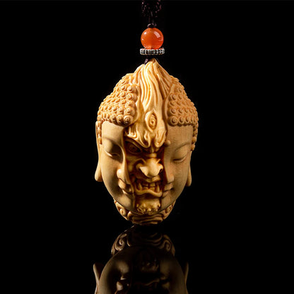 Wooden Handheld Art Depicting Dual Nature of Buddha and Demon - An Artistic Blend of Spiritual Fine Carving, Men's Crafted