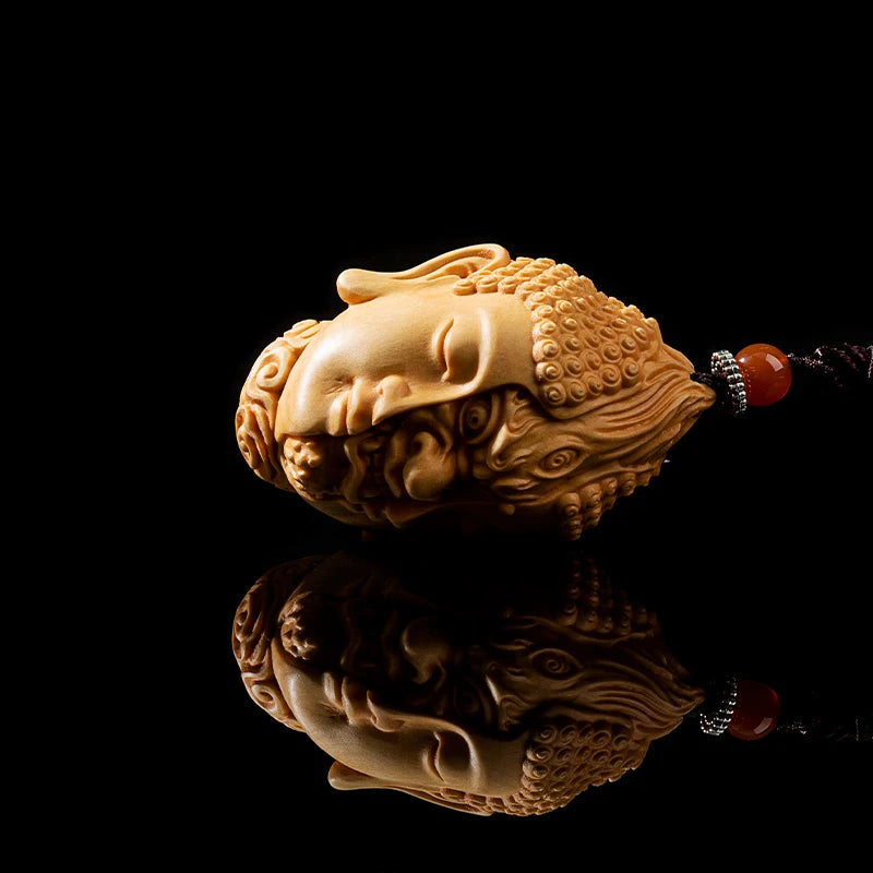 Wooden Handheld Art Depicting Dual Nature of Buddha and Demon - An Artistic Blend of Spiritual Fine Carving, Men's Crafted