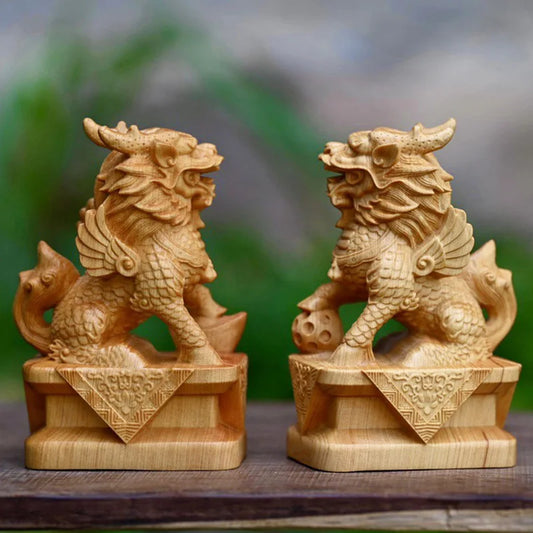 Wooden Kirin Mascot Statue Hand-carved in solid wood chinese traditional mascot figurines Home living room, room ornaments