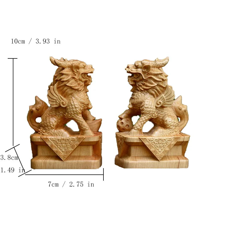 Wooden Kirin Mascot Statue Hand-carved in solid wood chinese traditional mascot figurines Home living room, room ornaments
