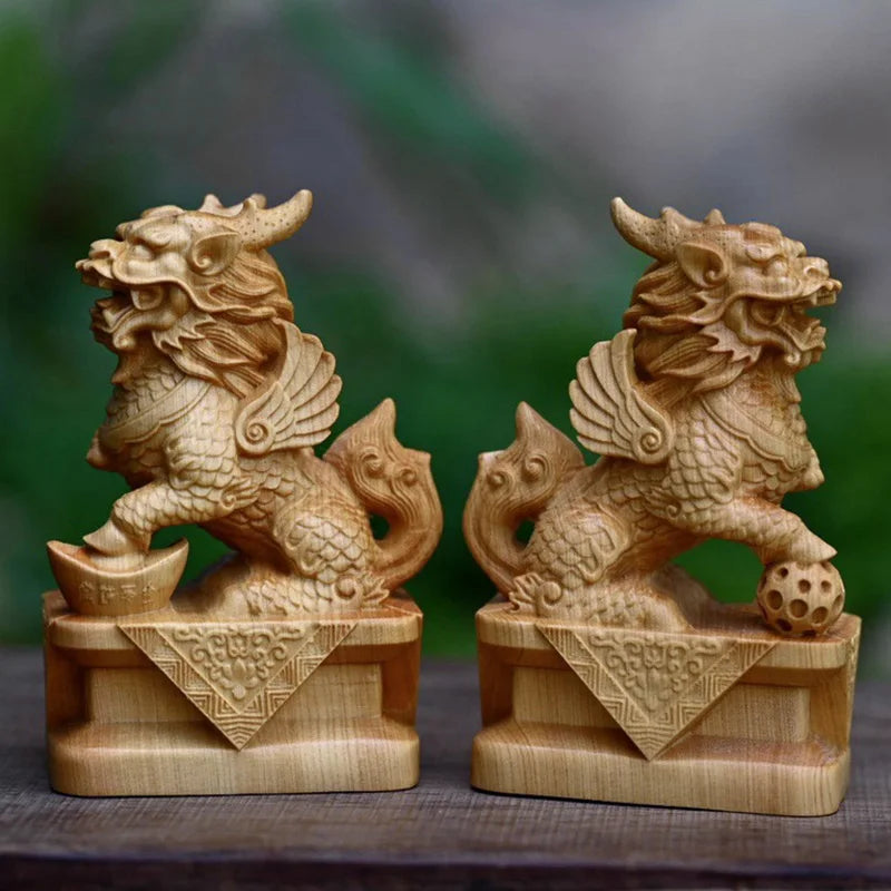 Wooden Kirin Mascot Statue Hand-carved in solid wood chinese traditional mascot figurines Home living room, room ornaments