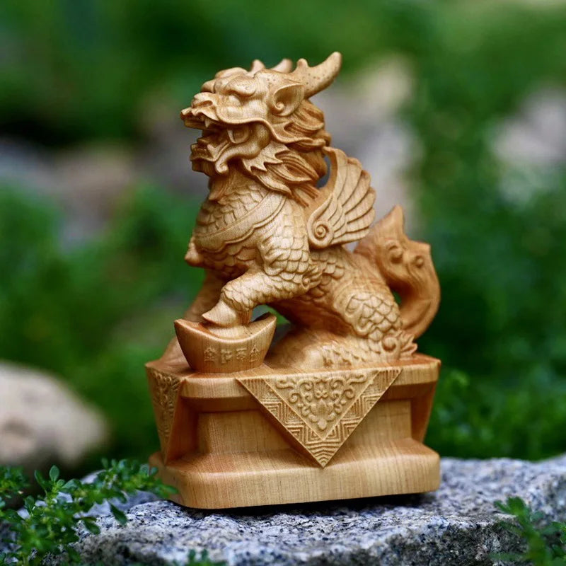 Wooden Kirin Mascot Statue Hand-carved in solid wood chinese traditional mascot figurines Home living room, room ornaments