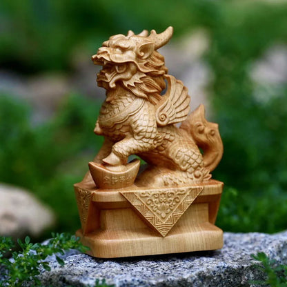 Wooden Kirin Mascot Statue Hand-carved in solid wood chinese traditional mascot figurines Home living room, room ornaments