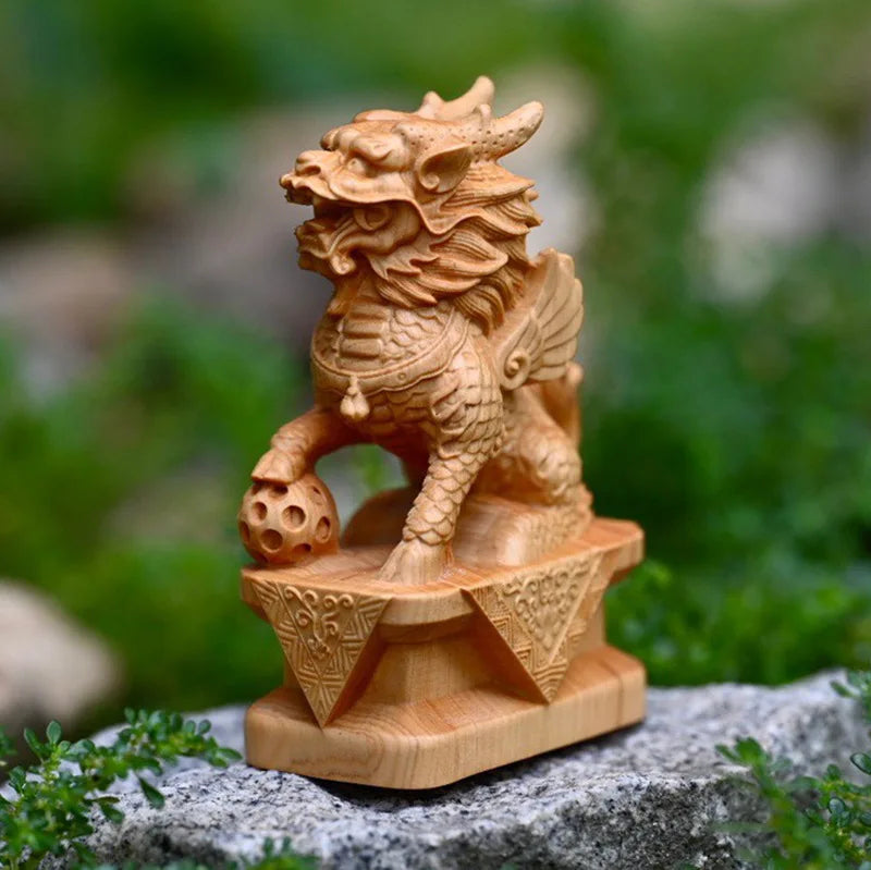 Wooden Kirin Mascot Statue Hand-carved in solid wood chinese traditional mascot figurines Home living room, room ornaments