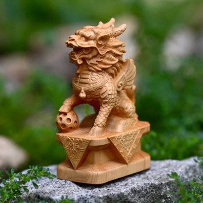 Wooden Kirin Mascot Statue Hand-carved in solid wood chinese traditional mascot figurines Home living room, room ornaments