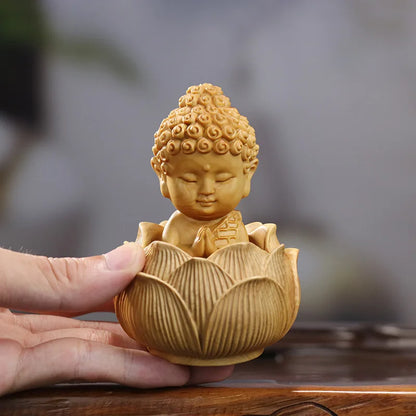 Wooden Lotus Base Sakyamuni Buddha Q version figure statue Hand carved solid wood Home Room Office Artwork Feng Shui Statue