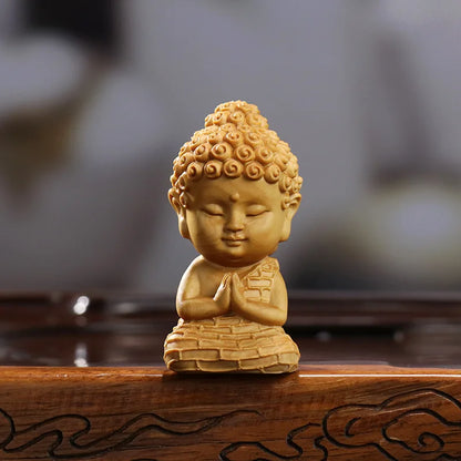 Wooden Lotus Base Sakyamuni Buddha Q version figure statue Hand carved solid wood Home Room Office Artwork Feng Shui Statue
