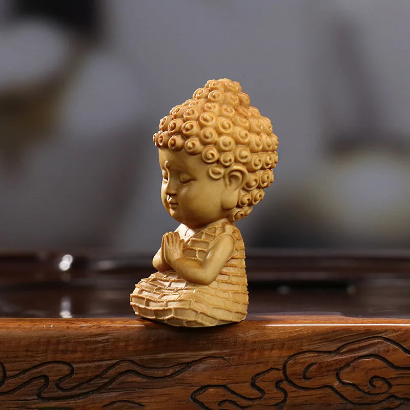 Wooden Lotus Base Sakyamuni Buddha Q version figure statue Hand carved solid wood Home Room Office Artwork Feng Shui Statue