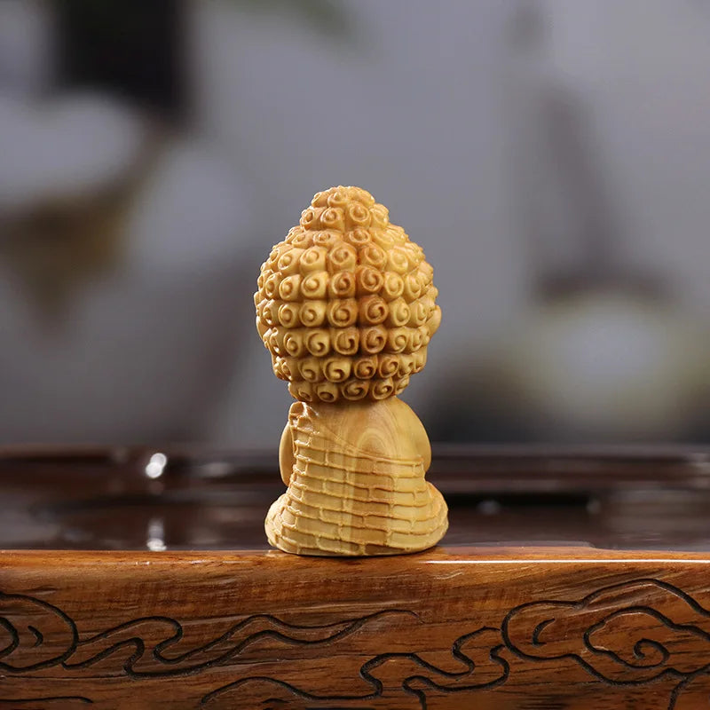 Wooden Lotus Base Sakyamuni Buddha Q version figure statue Hand carved solid wood Home Room Office Artwork Feng Shui Statue