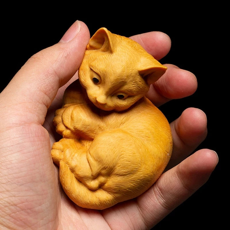 Wooden Lovely Lucky Cat Cats Toy Statues Carving Crafts Animals Ornaments Cat Animal Gift Decoraci