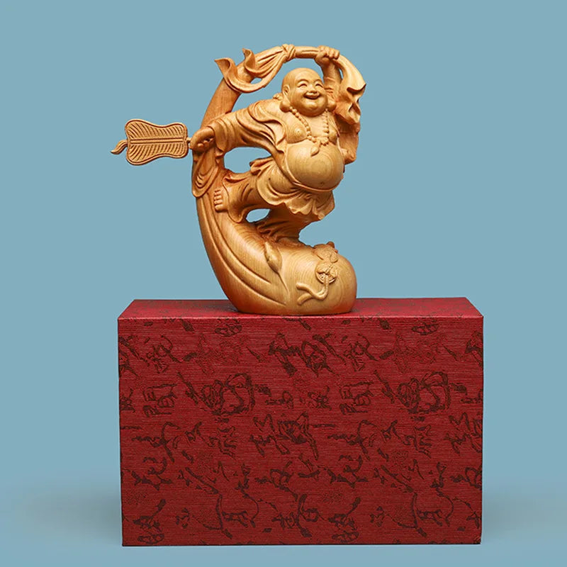 Wooden Mi Lefo Smiling Buddha figure statue Creative solid wood hand carving Cute home decoration fortune ornaments Gift statue