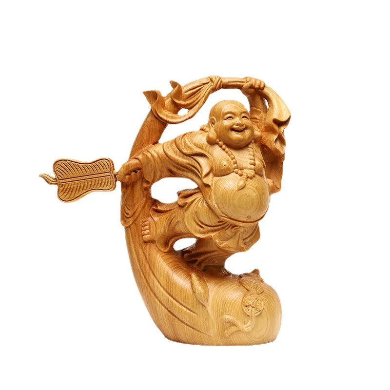 Wooden Mi Lefo Smiling Buddha figure statue Creative solid wood hand carving Cute home decoration fortune ornaments Gift statue