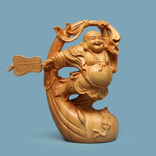Wooden Mi Lefo Smiling Buddha figure statue Creative solid wood hand carving Cute home decoration fortune ornaments Gift statue