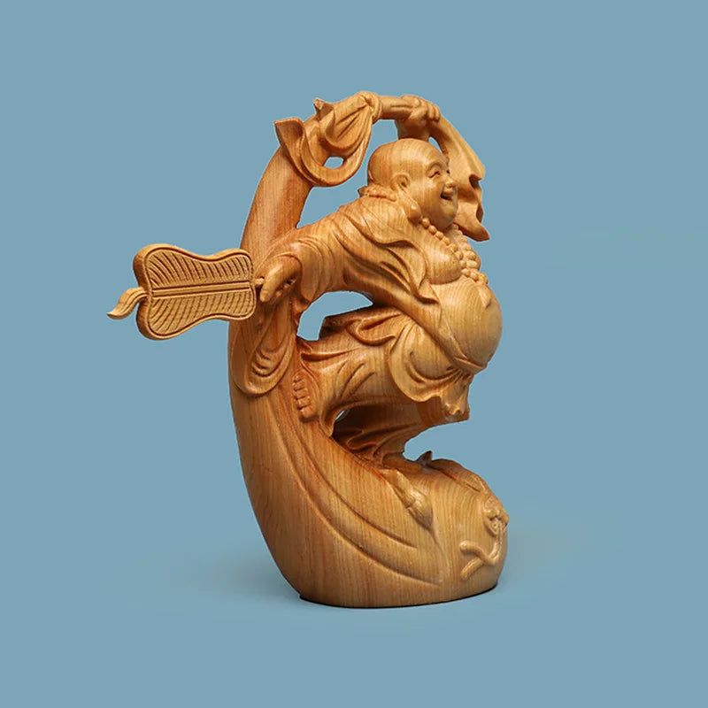 Wooden Mi Lefo Smiling Buddha figure statue Creative solid wood hand carving Cute home decoration fortune ornaments Gift statue