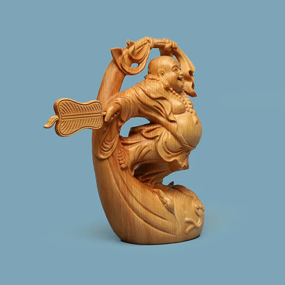 Wooden Mi Lefo Smiling Buddha figure statue Creative solid wood hand carving Cute home decoration fortune ornaments Gift statue