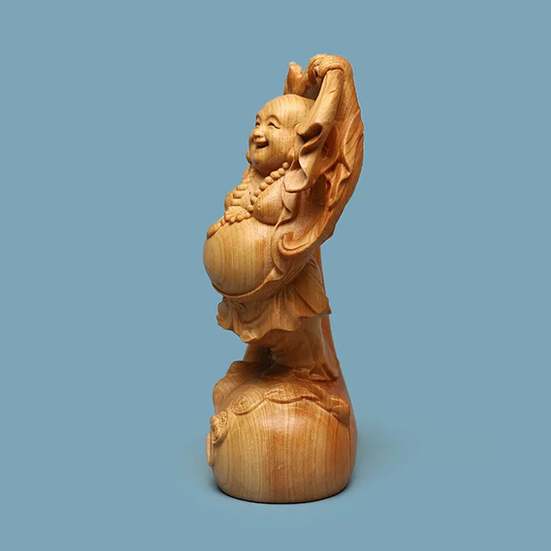 Wooden Mi Lefo Smiling Buddha figure statue Creative solid wood hand carving Cute home decoration fortune ornaments Gift statue