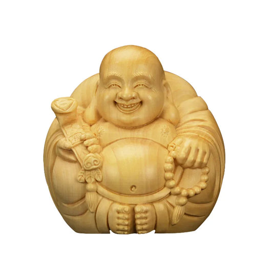 Wooden Mini Laughing Buddha Handmade Statue Chinese Buddhism Lucky Buddha Home Office Desktop Mini Decorative Statue