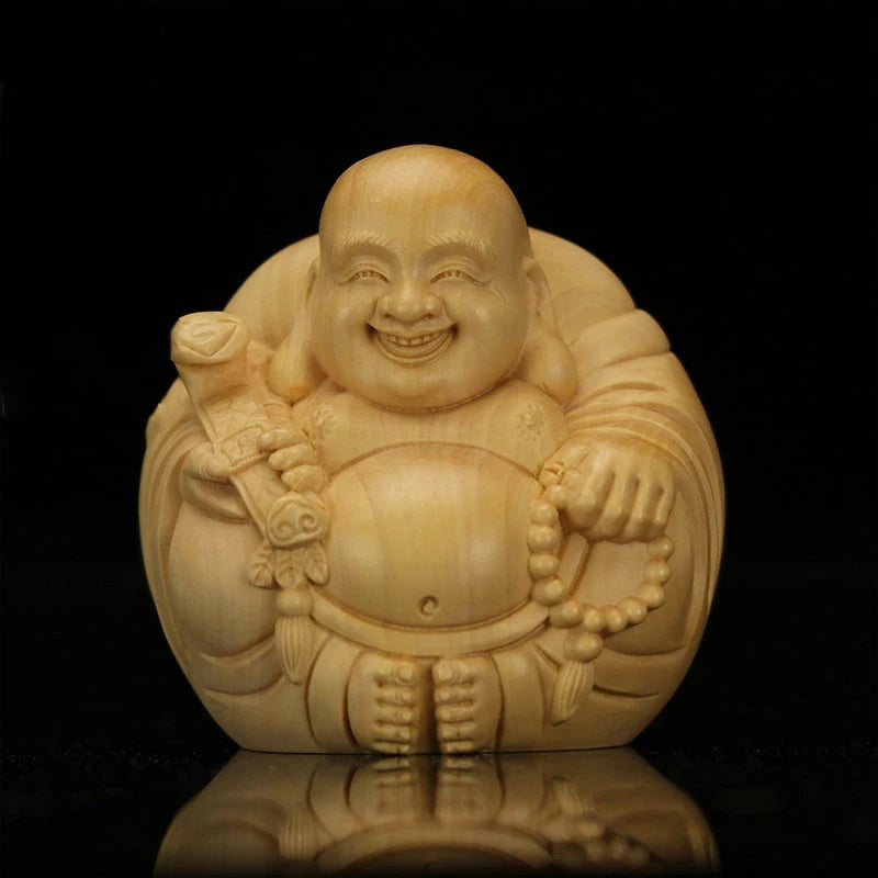 Wooden Mini Laughing Buddha Handmade Statue Chinese Buddhism Lucky Buddha Home Office Desktop Mini Decorative Statue