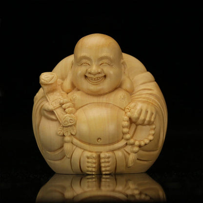 Wooden Mini Laughing Buddha Handmade Statue Chinese Buddhism Lucky Buddha Home Office Desktop Mini Decorative Statue