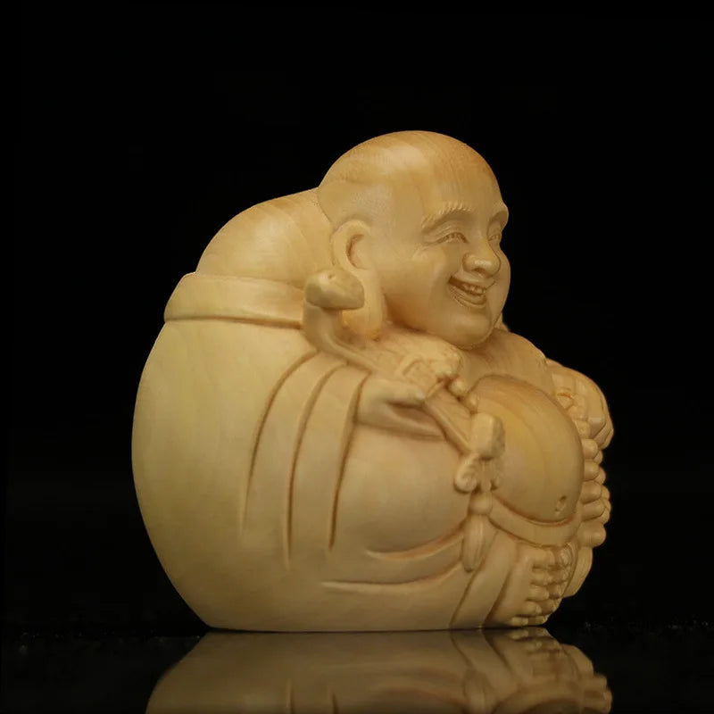 Wooden Mini Laughing Buddha Handmade Statue Chinese Buddhism Lucky Buddha Home Office Desktop Mini Decorative Statue