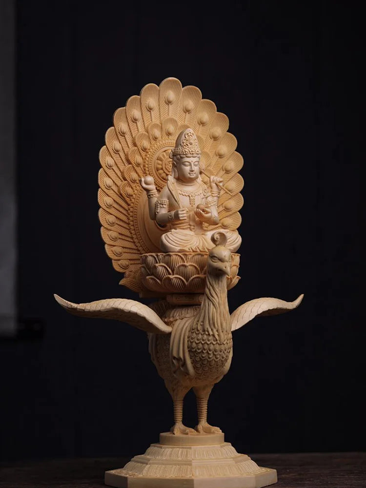 Wooden Peacock Ming Wang Buddha statue -Solid wood carving Large Buddha statue Home living room, room feng shui statue 38cm