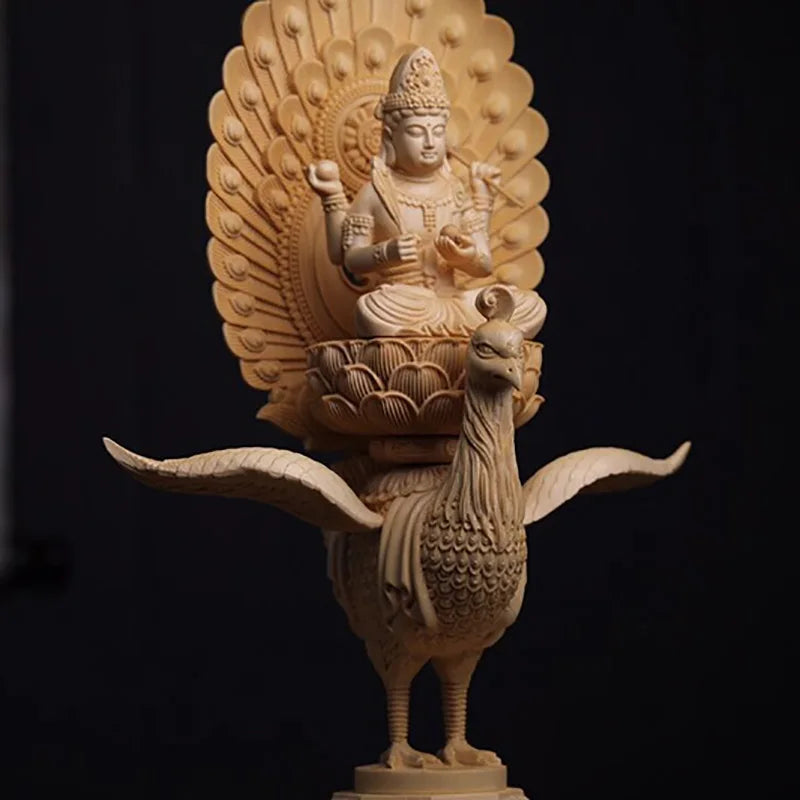 Wooden Peacock Ming Wang Buddha statue -Solid wood carving Large Buddha statue Home living room, room feng shui statue 38cm