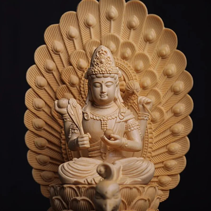 Wooden Peacock Ming Wang Buddha statue -Solid wood carving Large Buddha statue Home living room, room feng shui statue 38cm