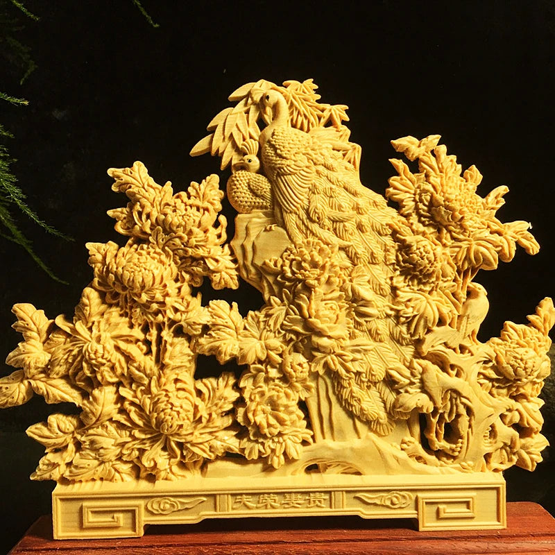 Wooden Peacock Peony wood carving crafts Semi hand carved Auspicious Animals Home decoration