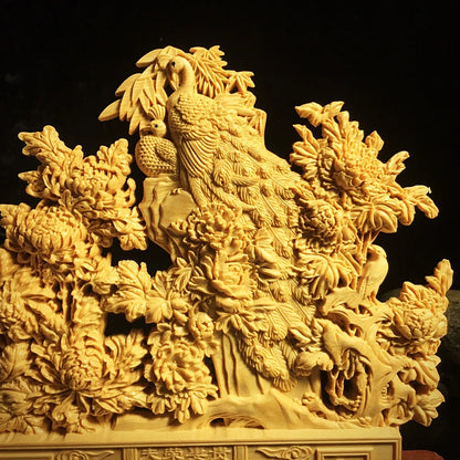 Wooden Peacock Peony wood carving crafts Semi hand carved Auspicious Animals Home decoration