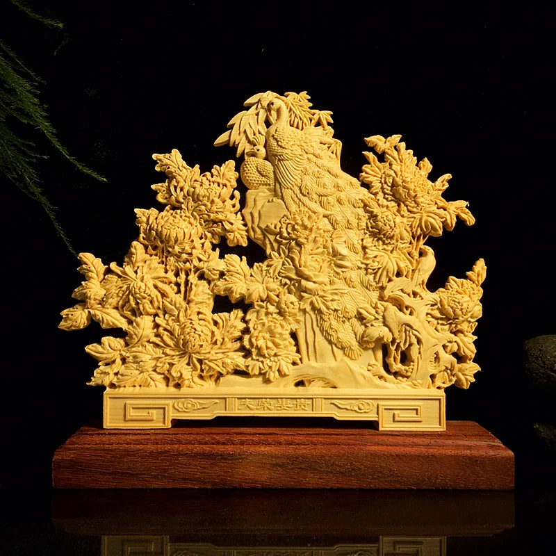 Wooden Peacock Peony wood carving crafts Semi hand carved Auspicious Animals Home decoration