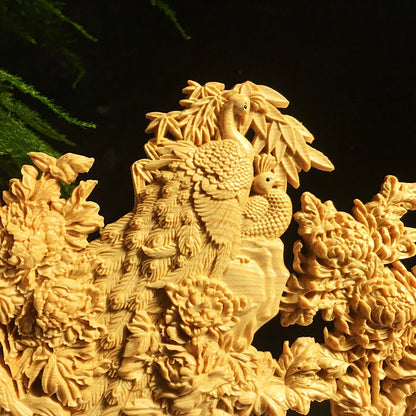 Wooden Peacock Peony wood carving crafts Semi hand carved Auspicious Animals Home decoration