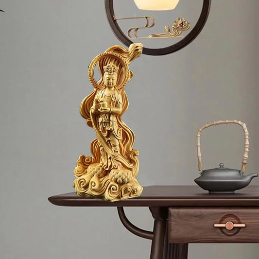 Wooden Sea-Crossing GuanyinStatue Chinese Buddha Log Color Solid Wood Carving Home Living Room FengShui Decoration Figure Statue