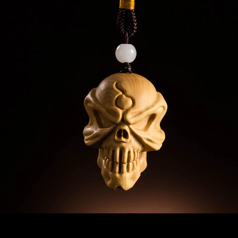 Wooden Skull Chinese Style Boxwood Carving New Blazing Skull Wood Statue Pendant