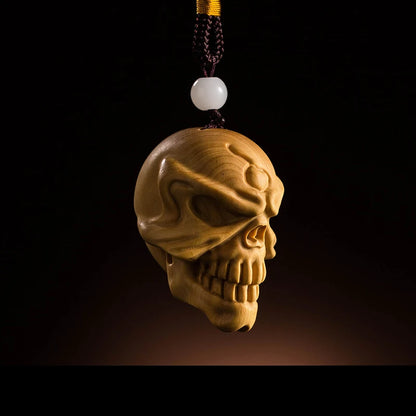 Wooden Skull Chinese Style Boxwood Carving New Blazing Skull Wood Statue Pendant