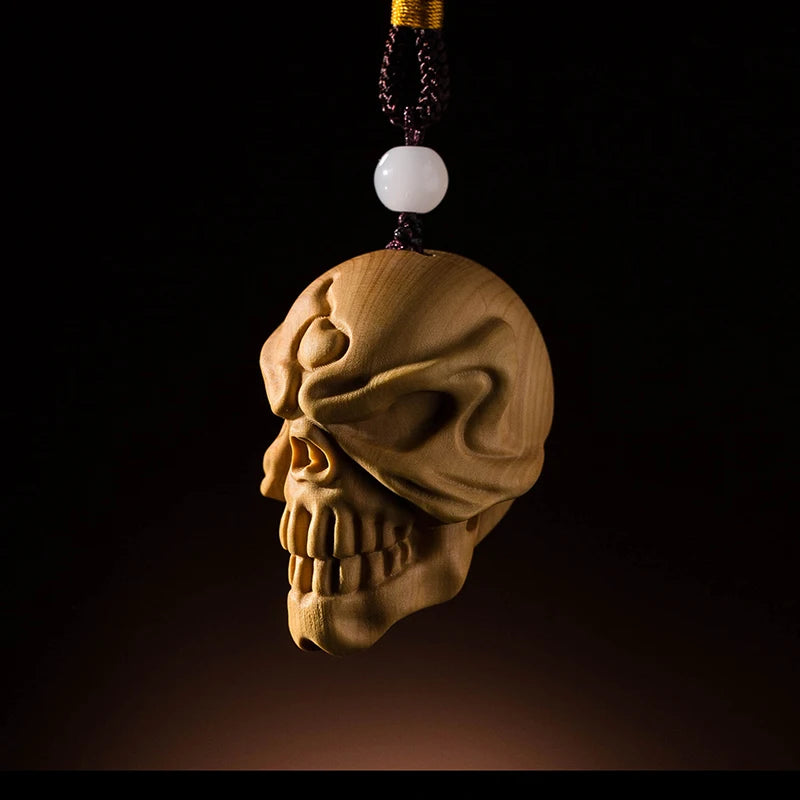 Wooden Skull Chinese Style Boxwood Carving New Blazing Skull Wood Statue Pendant