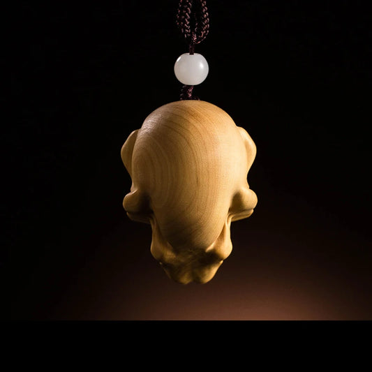 Wooden Skull Chinese Style Boxwood Carving New Blazing Skull Wood Statue Pendant