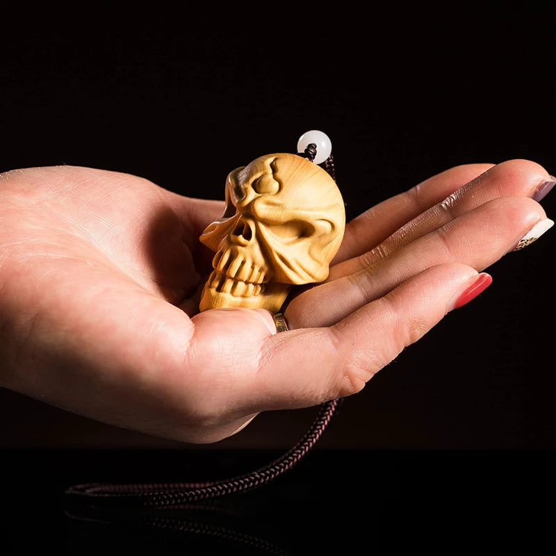 Wooden Skull Chinese Style Boxwood Carving New Blazing Skull Wood Statue Pendant