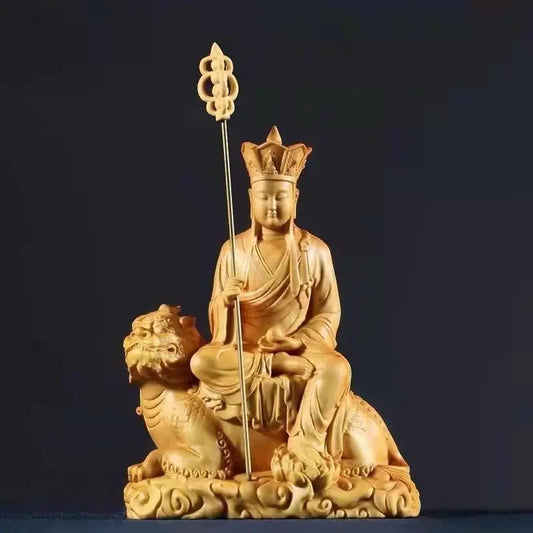 Wooden Statue of Earth Store Bodhisattva Riding A Beast Hand-carved Home Living Room Feng Shui Statue