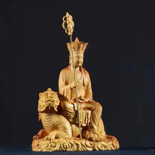 Wooden Statue of Earth Store Bodhisattva Riding A Beast Hand-carved Home Living Room Feng Shui Statue