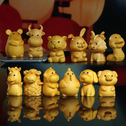 Wooden Statues Featuring Chinese Zodiac Animals, Rat, Tiger, Rabbit, Dragon, and Snake, Traditional Crafts for Home
