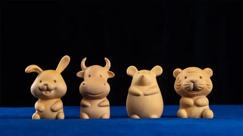 Wooden Statues Featuring Chinese Zodiac Animals, Rat, Tiger, Rabbit, Dragon, and Snake, Traditional Crafts for Home