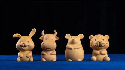 Wooden Statues Featuring Chinese Zodiac Animals, Rat, Tiger, Rabbit, Dragon, and Snake, Traditional Crafts for Home