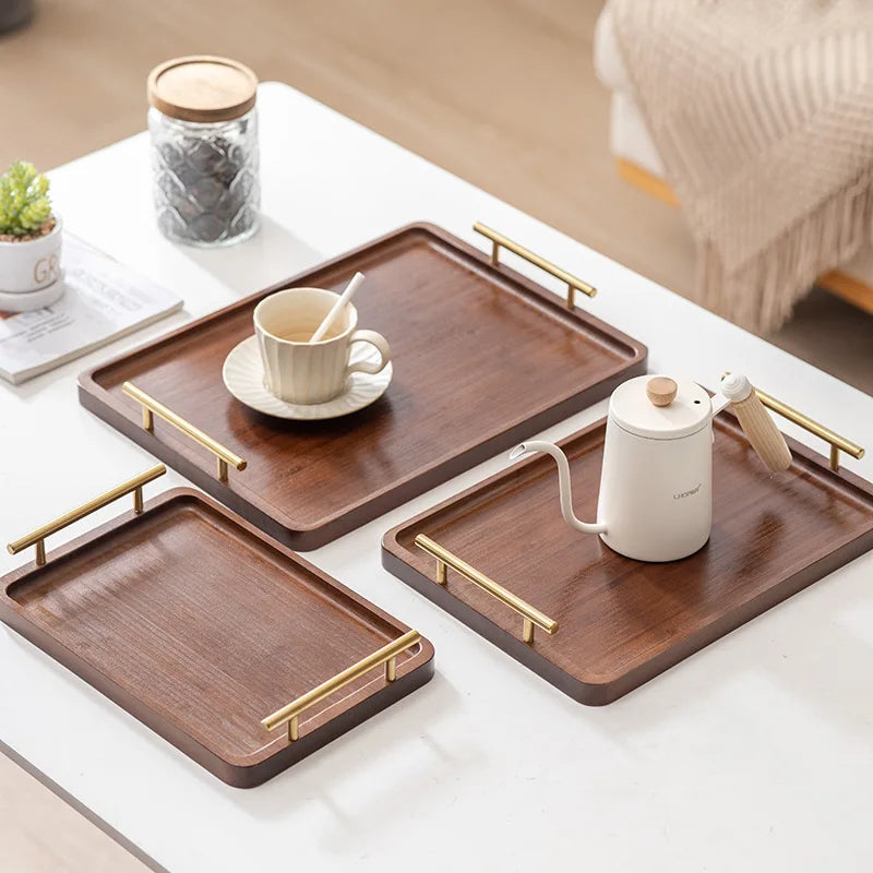 Wooden Tray Bamboo Tray Right Angle with Metal Handle Simple Natural Material Home Tea Fruit Cup Catering Service Tray