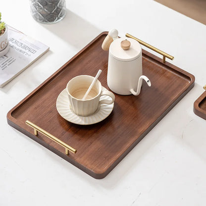 Wooden Tray Bamboo Tray Right Angle with Metal Handle Simple Natural Material Home Tea Fruit Cup Catering Service Tray