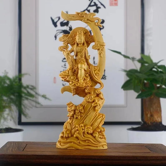 Wooden Water Moon Guanyin Figure Decoration Statue Solid Wood Carving Chinese Buddha Statues Home Room Office Feng Shui Statue